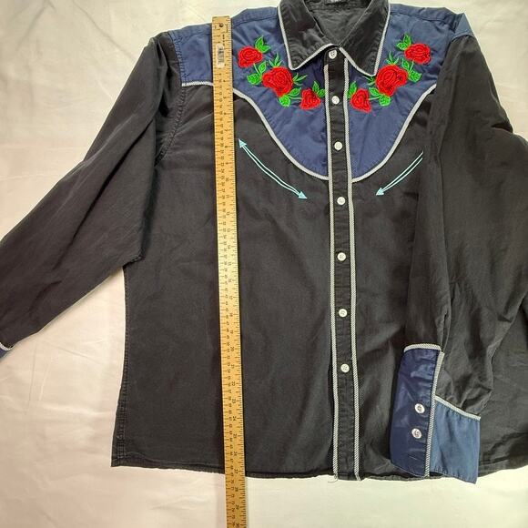 Coofandy Western Cowboy Shirt Black Blue Rose Embroidered Long Sleeve XX Large - Picture 13 of 16